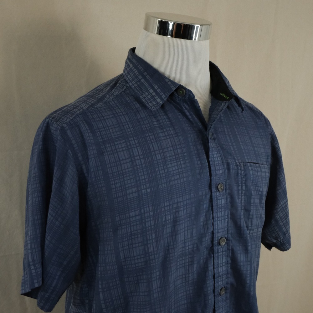 ExOfficio Medium Button Front Shirt Blue Plaid Outdoor Hiking Poly Cotton Mens